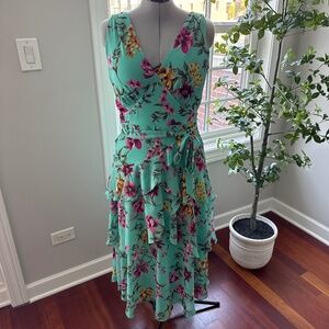 White House Black Market Tea Length Floral Ruffle Dress